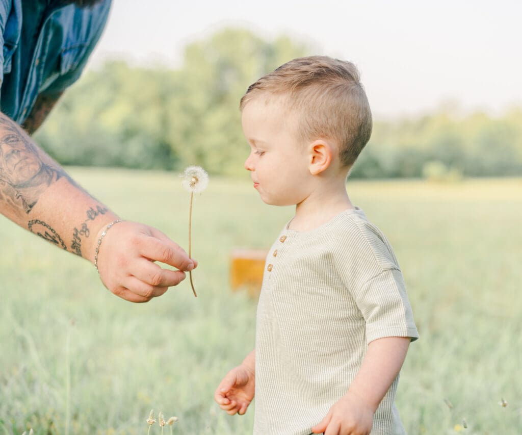 Toddler exploring a dandelion during an outdoor family photography session in Murfreesboro Tennessee